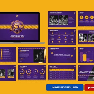 Peut inclure: Un modèle de présentation numérique pour une équipe de basket-ball avec un thème de couleurs violet et jaune. Les diapositives incluent des mises en page pour les agendas, les équipes, les statistiques, les trophées et des graphiques LOKER BASKETBALL.