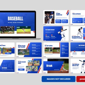Puede incluir: Una plantilla de presentación digital para un club de béisbol mostrada en una pantalla de portátil y como diapositivas individuales. El diseño presenta un esquema de color azul y blanco con imágenes de béisbol, encabezados como BASEBALL y datos.
