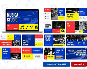May include: A laptop screen displays a presentation titled "MUSICA STUDIO" with a blue, red, and yellow color scheme. The presentation includes slides about music production, audio, and studio design. The image also includes a collection of slides with text and graphics.