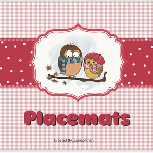 May include: Placemats with a whimsical design featuring two cartoon owls perched on a branch. The owls are wearing scarves and a hat, set against a red and white checkered background with polka dots. The text "Placemats" is displayed.
