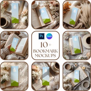 Puede incluir: Una colección de maquetas de marcapáginas con un diseño de cielo azul y paisaje verde. Los marcapáginas están colocados en libros abiertos, rodeados de flores, tazas de café y telas suaves. La imagen incluye el texto "10+ Bookmark Mockups".
