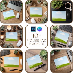 May include: A collection of ten or more mouse pad mockups. Each pad features a blue sky and green landscape design. The image includes a variety of office supplies, including a computer mouse, keyboard, and pens. The text on the image says "10+ Mouse Pad Mockups".
