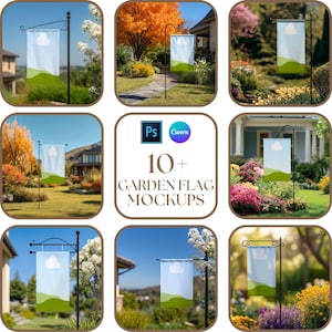 May include: A collection of garden flag mockups. Each flag features a blue sky with a white cloud and green hills. The flags are displayed on black metal stands in various outdoor settings. The image includes text that reads "10+ GARDEN FLAG MOCKUPS" with the Photoshop and Canva logos.