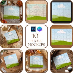 May include: A collection of puzzle mockups featuring a landscape design with a blue sky, white cloud, and green hills. The image includes the text "10+ PUZZLE MOCKUPS" with the Photoshop and Canva logos.