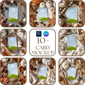 May include: A collection of ten plus card mockup templates featuring a rectangular card with a blue sky, white cloud, and green hills graphic, displayed in various seasonal settings with pumpkins, dried leaves, and natural textures.