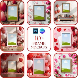 May include: A collection of frame mockups with various settings, including Valentine's Day themes. The frames are displayed with a landscape image of a blue sky, green hills, and a white cloud. The text "10+ FRAME MOCKUPS" is also visible.