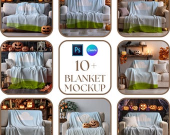 Halloween-Decken-Mockup-Bundle, Canva + PSD, Digitaler Download, Print-on-Demand