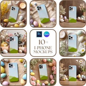 Può includere: Una collezione di mockup per iPhone con un design di custodia azzurro e verde. L'immagine include uova di Pasqua, fiori e candele, con il testo "10+ I-PHONE MOCKUPS" al centro. I mockup sono disposti in una griglia.