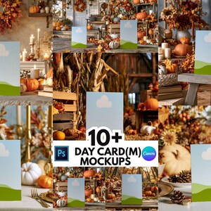 May include: A collection of ten rectangular card mockups featuring a light blue sky, a single white cloud, and green rolling hills. The cards are displayed in various autumn-themed settings, including tables with pumpkins, foliage, and candles.