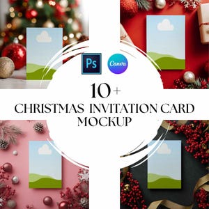 May include: A mockup of Christmas invitation cards with a blue sky and green hills design, surrounded by festive decorations. The image includes the text "10+ CHRISTMAS INVITATION CARD MOCKUP" and the logos for Photoshop and Canva.