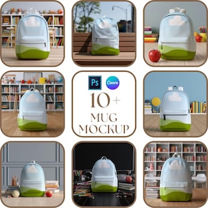 May include: A light blue backpack featuring a white cloud graphic at the top and a green rolling hill design at the base. The bag includes a front zippered pocket and white straps. The central text reads 10+ MUG MOCKUP with Ps and Canva logos.