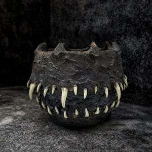 May include: A dark, textured ceramic bowl with a jagged rim and a menacing design. The bowl features a row of off-white, pointed teeth around the lower edge, giving it a monster-like appearance. The exterior is a rough, dark gray.