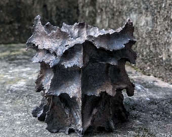 Handmade Black Ceramic Armor Planter, Metallic Glaze, Sculptural Pottery