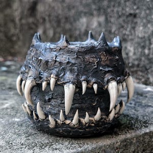 Handmade Black Ceramic Fang Planter, Gothic Monster Succulent Pot