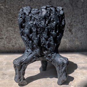Puede incluir: Una maceta de color gris oscuro, texturizada y con tres patas, con un aspecto rugoso y orgánico. La maceta tiene un diseño escultural único, perfecto para exhibir pequeñas plantas o suculentas. La superficie tiene una textura rugosa, casi volcánica.