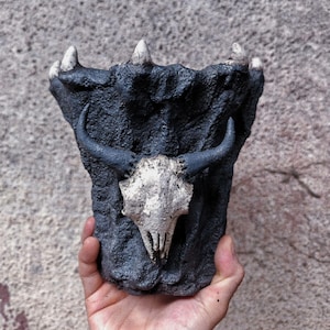 May include: A dark gray, textured planter with a bull skull design. The skull is white with gray horns, and the planter has jagged edges with white accents. The planter is held in a hand against a gray background.