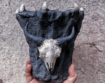 Handmade Bull Skull Succulent Planter, Black Pottery Clay Pot