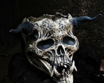 Handcrafted Oni Mask Skull Planter, Horned Japanese Ceramic Pot
