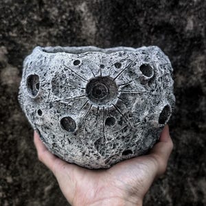Op de afbeelding: Een grijze, getextureerde, maanvormige plantenbak met kraters en een centraal zonnesterontwerp. De plantenbak wordt in een hand gehouden en toont zijn gedetailleerde, op de hemel geïnspireerde esthetiek. Ideaal voor kleine planten of vetplanten.