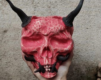 Handcrafted Red Demon Skull Planter, Oni Mask Ceramic Caudex Pot, Dark Japanese Style Bonsai Planter with Textured Horned Design