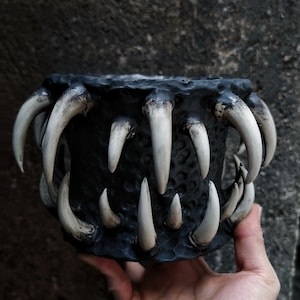 May include: A black ceramic planter with a textured surface and large, off-white, fang-like teeth around the rim. The planter is held in a hand, showcasing its unique, monster-like design. The planter is a decorative item.