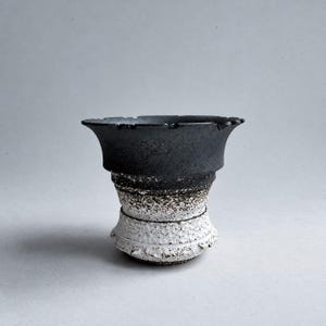 May include: A ceramic vessel with a flared rim, featuring a matte black upper section and a textured, speckled white base. The transition between the black and white areas shows a gradient of dark brown and grey speckles on the clay surface.