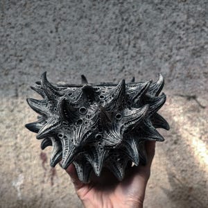 Puede incluir: Un cuenco decorativo espinoso de color gris oscuro con una superficie texturizada. El cuenco tiene un diseño único en forma de estrella con bordes afilados y puntiagudos. El cuenco se sostiene en una mano sobre un fondo gris texturizado.