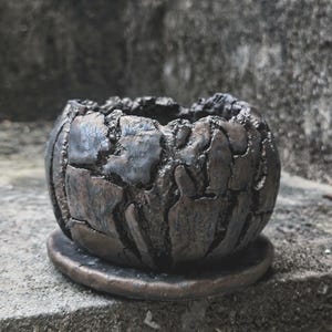 May include: A handcrafted, dark brown ceramic planter with a textured, cracked surface. The round pot sits on a matching saucer, creating a rustic and earthy aesthetic. Ideal for small plants or succulents, this unique piece adds a touch of nature to any space.