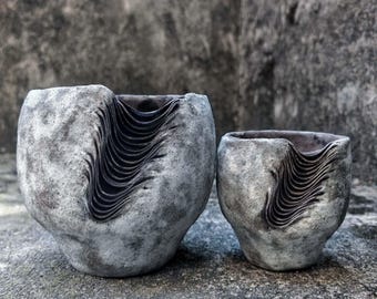 Handmade Layered Texture Ceramic Planter, Wabi Sabi Caudex Pot