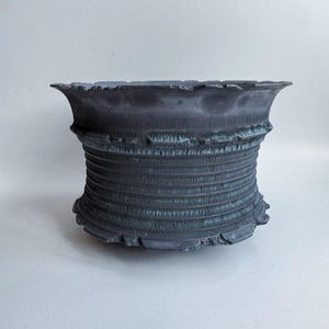 Dark Gray Ceramic Planter Pot for Succulent Agave Caudex Ribbed Rustic Wabi Sabi Decor
