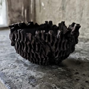 Handmade Black Clay Coral Planter, Sculptural Unglazed Pot, Organic Decor