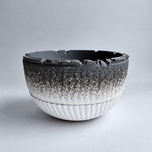 Peut inclure: Un bol rond avec un extérieur texturé et strié qui passe d'un bord noir uni à un milieu gris moucheté et une base blanche unie. Le bord supérieur présente une finition dentelée et irrégulière avec des encoches distinctes sur la circonférence.