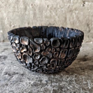 Puede incluir: Un cuenco artesanal de color oscuro con un diseño texturizado y orgánico. El exterior del cuenco presenta un aspecto rugoso, similar a la piedra, con una paleta de colores marrón oscuro y negro. El interior es liso, contrastando con la textura rugosa del exterior.