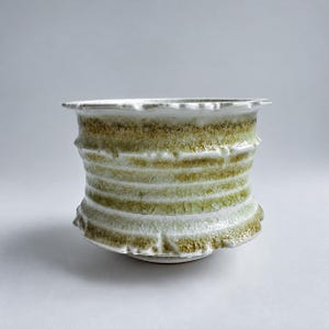 Pale Green Crackle Glazed Ceramic Planter with Horizontal Ridges and a Softly Flared Rim