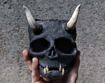 Handmade Oni Skull Planter: Gothic Black Clay Cactus/Succulent Pot