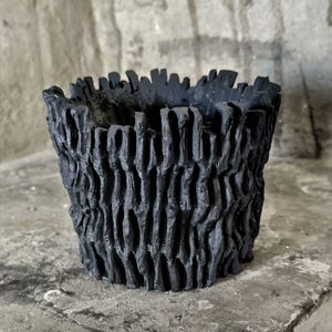 Puede incluir: Una pequeña maceta negra con una superficie texturizada similar a la corteza. La maceta tiene una abertura ancha y un borde ligeramente irregular. El color oscuro y la textura única le dan un aspecto rústico y natural, adecuado para plantas pequeñas o suculentas.