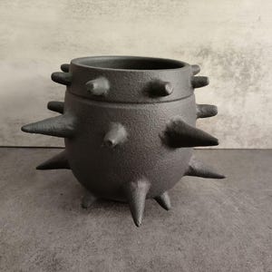 May include: A dark grey ceramic pot with a spiky design. The pot has a rounded shape and is covered in conical spikes. The textured surface and unique design give it a medieval or artistic aesthetic.