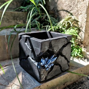 Può includere: Un vaso quadrato nero con una superficie screpolata e strutturata. Un gruppo di cristalli blu è incorporato nel lato. Il vaso è su una superficie di cemento con piante verdi sullo sfondo.