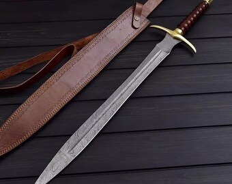 Hand-Forged Damascus Steel Sword | 34” Total Length | Rosewood & Brass Handle | Handmade Collectible Gift