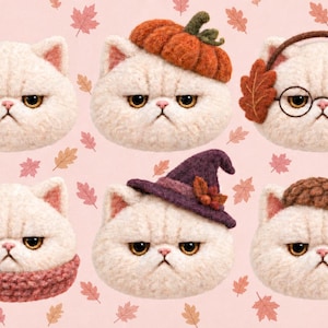 May include: Six needle-felted cream-colored cat heads with grumpy expressions arranged in two rows. Accessories include a pumpkin, glasses with leaf earmuffs, a pink scarf, a purple witch hat, and an acorn cap, all set against a light pink background.