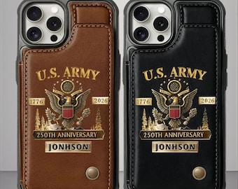 Funda para teléfono con billetera del 250.º aniversario del Ejército de EE. UU., regalo militar patriótico de cuero personalizado