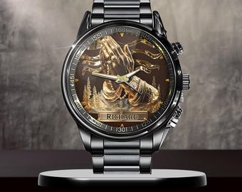 Personalized Golden Prayer Hands Watch, Custom Name Praying Hands Watch, Stainless Steel Watch for Men, Religious Gift for Men