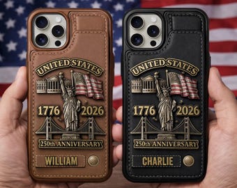 Funda de cuero personalizada para teléfono conmemorativa del 250.º aniversario del ejército de EE. UU., con nombre personalizado, regalo militar patriótico.