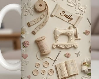 Personalized Crafting Tools Mug, Custom Name Coffee Mug for Crafters, Sewing Craft Lover Gift