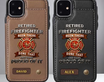 Personalized Retired Firefighter Wallet Phone Case With Name, Custom Leather Flip Phone Case, Gift For Him Dad