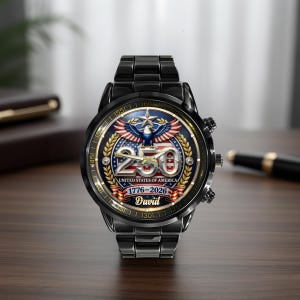 May include: Black wristwatch with a round face featuring a patriotic design. The watch face displays the number 250, an eagle, and the text "United States of America 1776-2026". The watch has a black metal band and a personalized name.