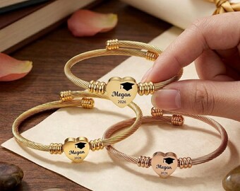 Custom Graduation Bracelet 2026 With Name, Engraved Heart Charm Bracelet, Gift For Daughter, Friend Graduate Gift