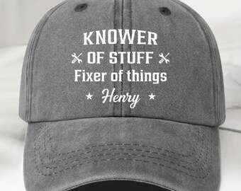 Personalized Fixer and Knower Washed Denim Cap, Custom Name Funny Hat, Gift for Dad Grandpa