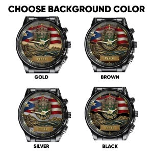 May include: Four black wristwatches with round faces featuring a coat of arms, a crown, and a flag design. Each watch face displays the name PETER in a rectangular box. The background color options are labeled as gold, brown, silver, and black.