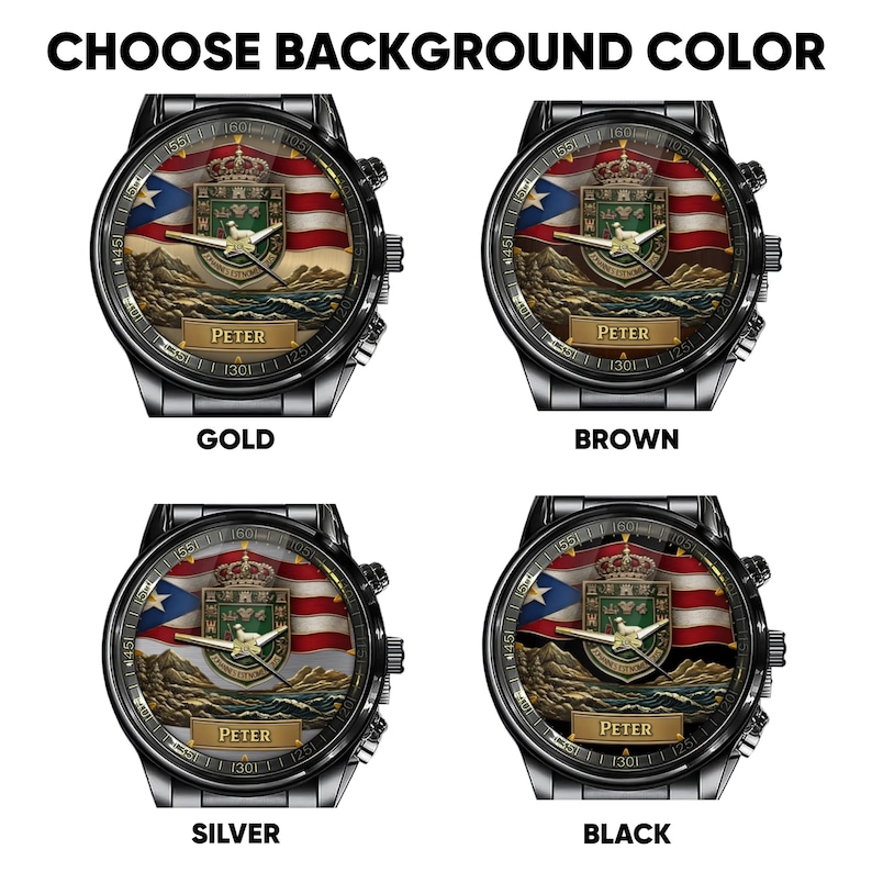 May include: Four black wristwatches with round faces featuring a coat of arms, a crown, and a flag design. Each watch face displays the name PETER in a rectangular box. The background color options are labeled as gold, brown, silver, and black.